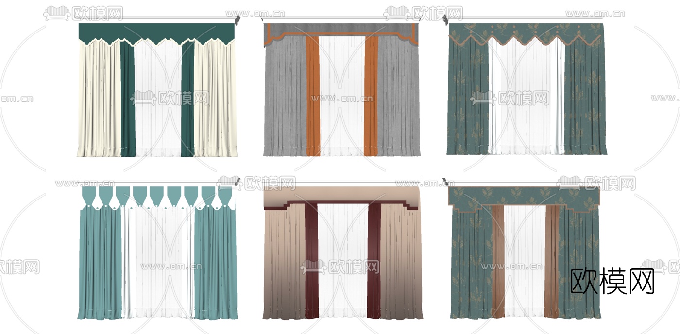 新中式布艺窗帘su模型下载
