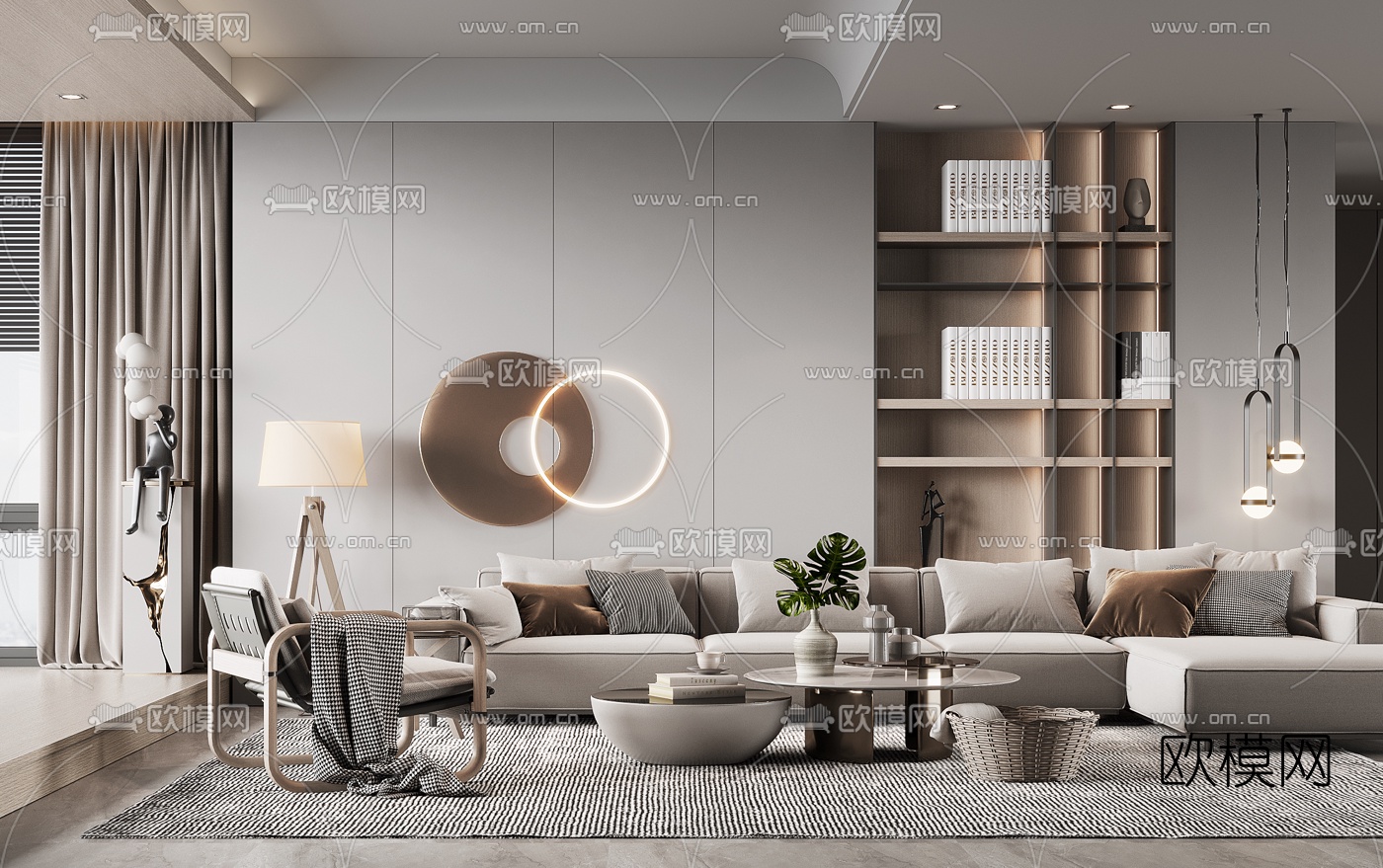 现代布艺转角沙发组合3d模型下载（渲染图1）