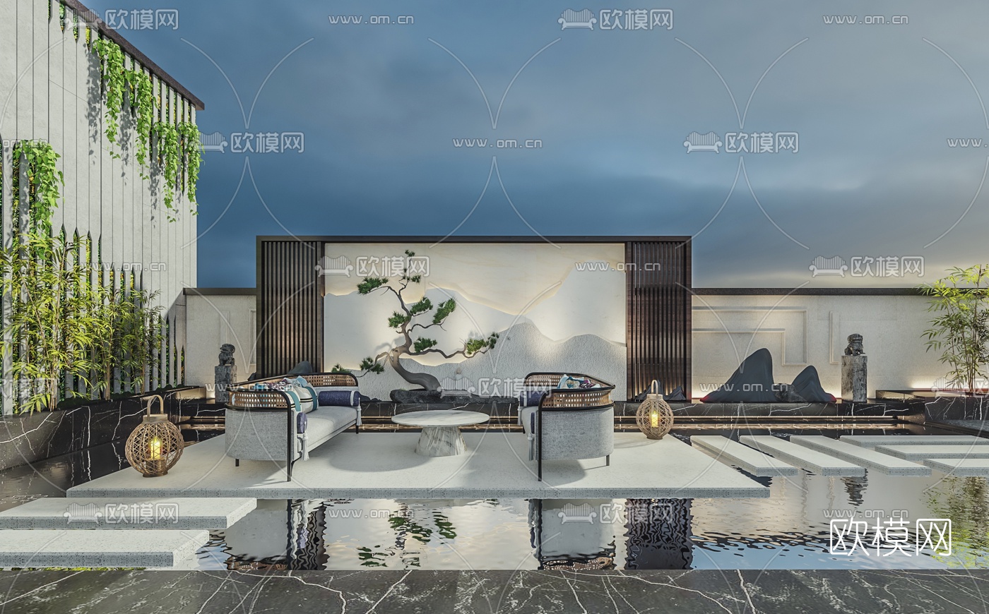 新中式别墅庭院花园3d模型