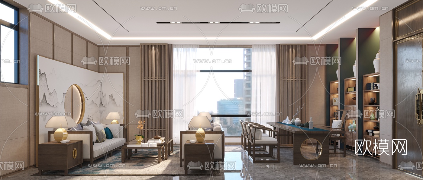 新中式董事长办公室免费3d模型下载（渲染图2）