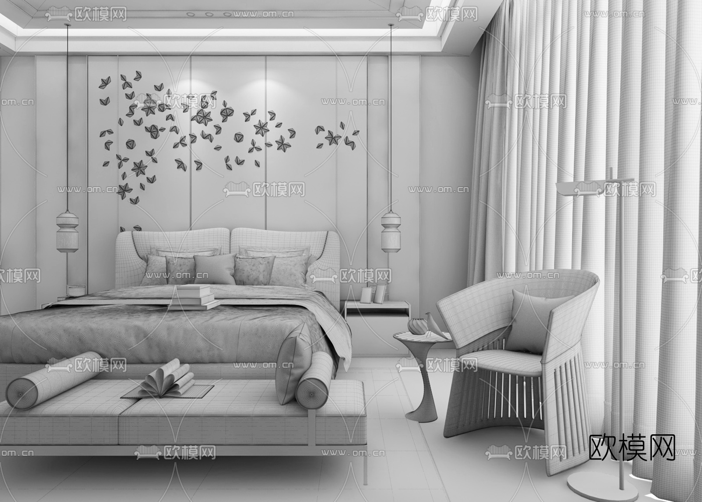 现代轻奢双人床3d模型下载（渲染图2）