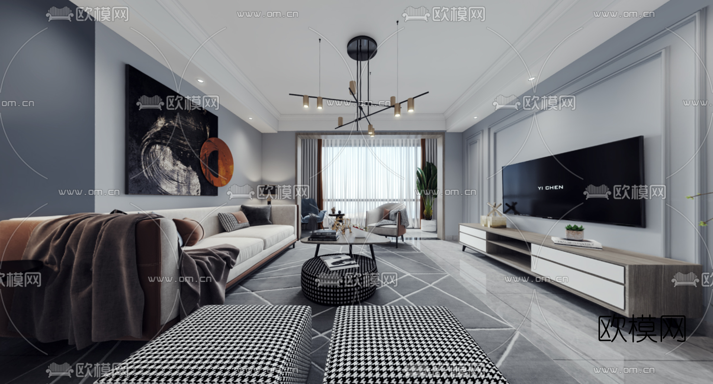 现代轻奢客厅餐厅vr全景3d模型