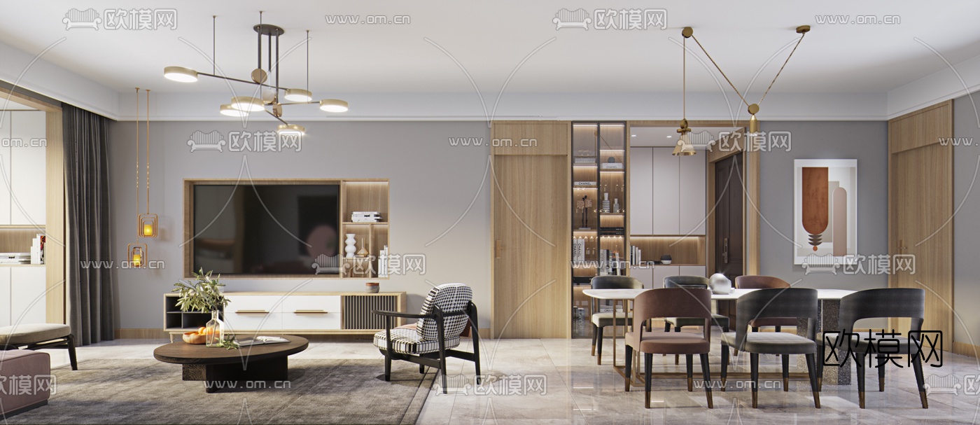 现代客厅餐厅3d模型