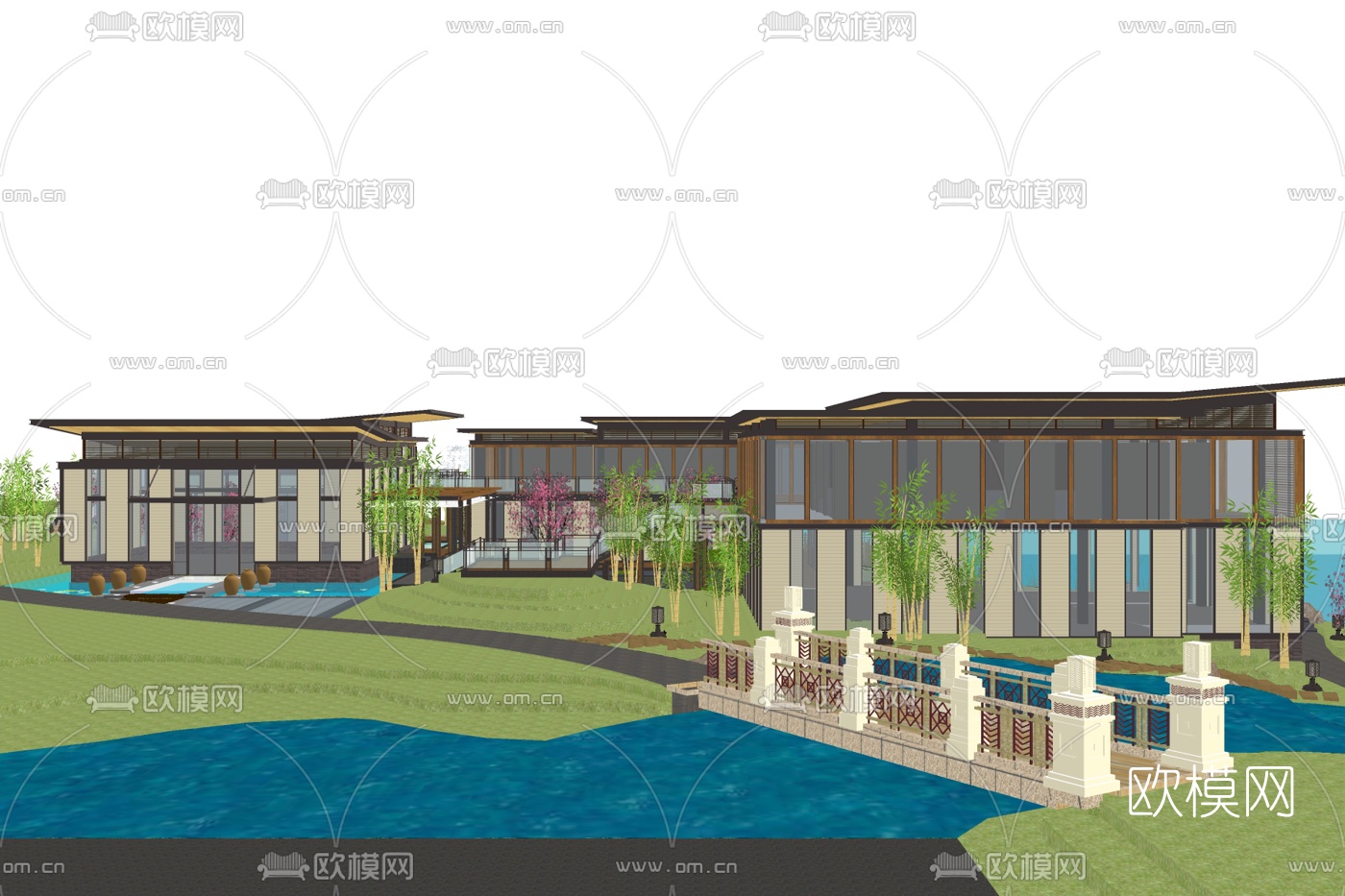 新中式会所外观su模型下载