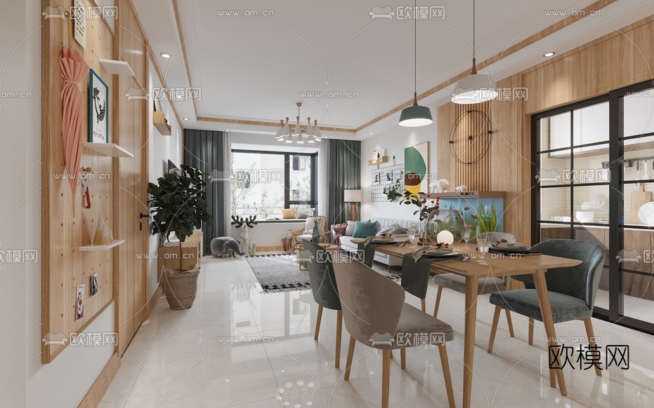 北欧客厅餐厅3d模型下载(渲染图3)