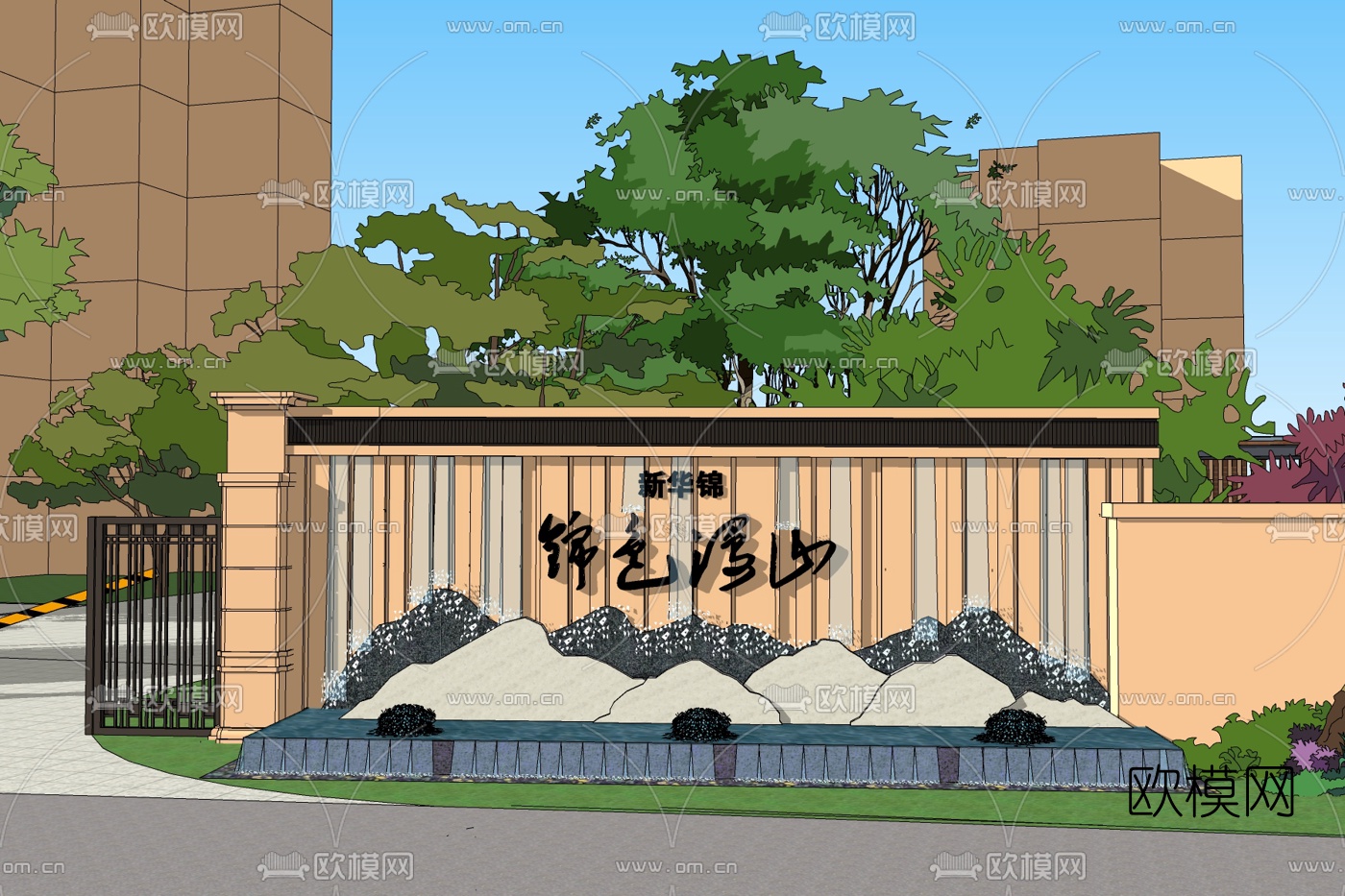 现代小区大门景观墙免费su模型下载