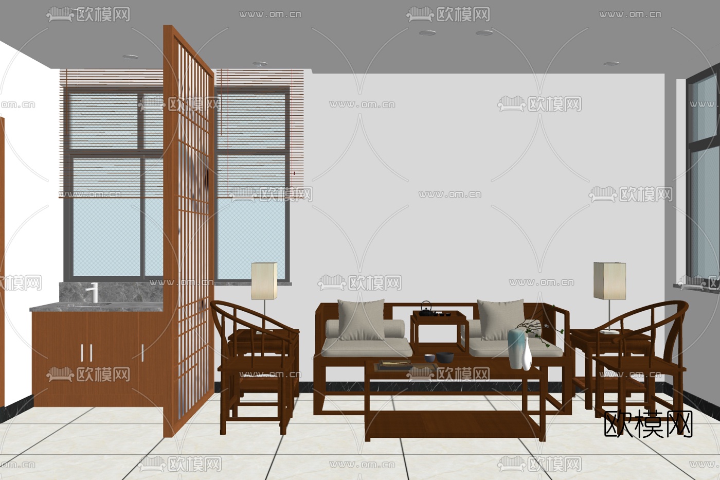新中式实木组合沙发su模型下载