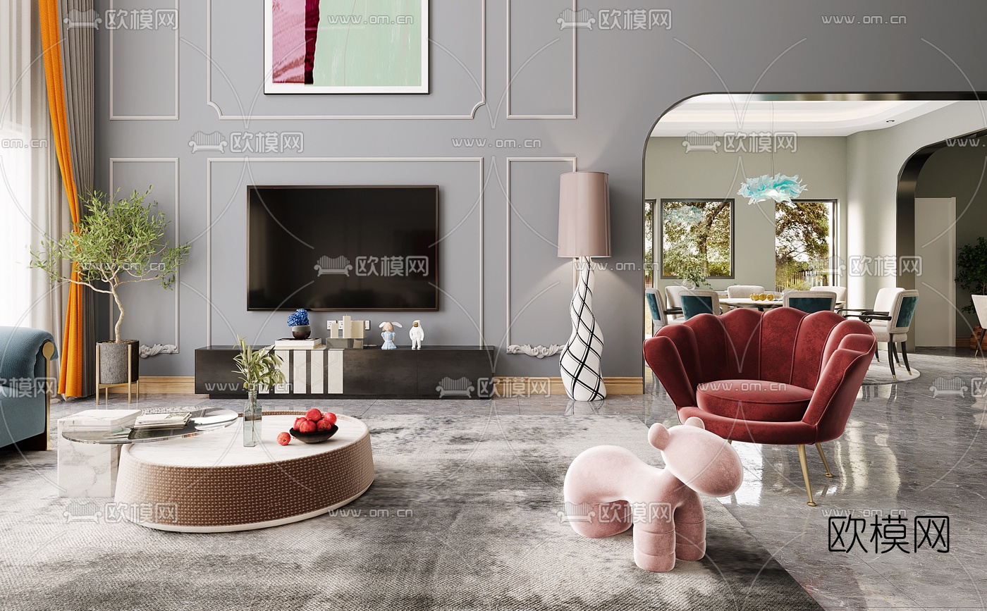 美式别墅客厅餐厅3d模型下载（渲染图4）