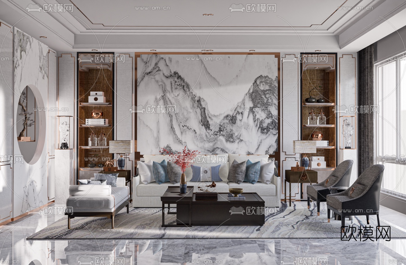 新中式布艺沙发组合su模型下载