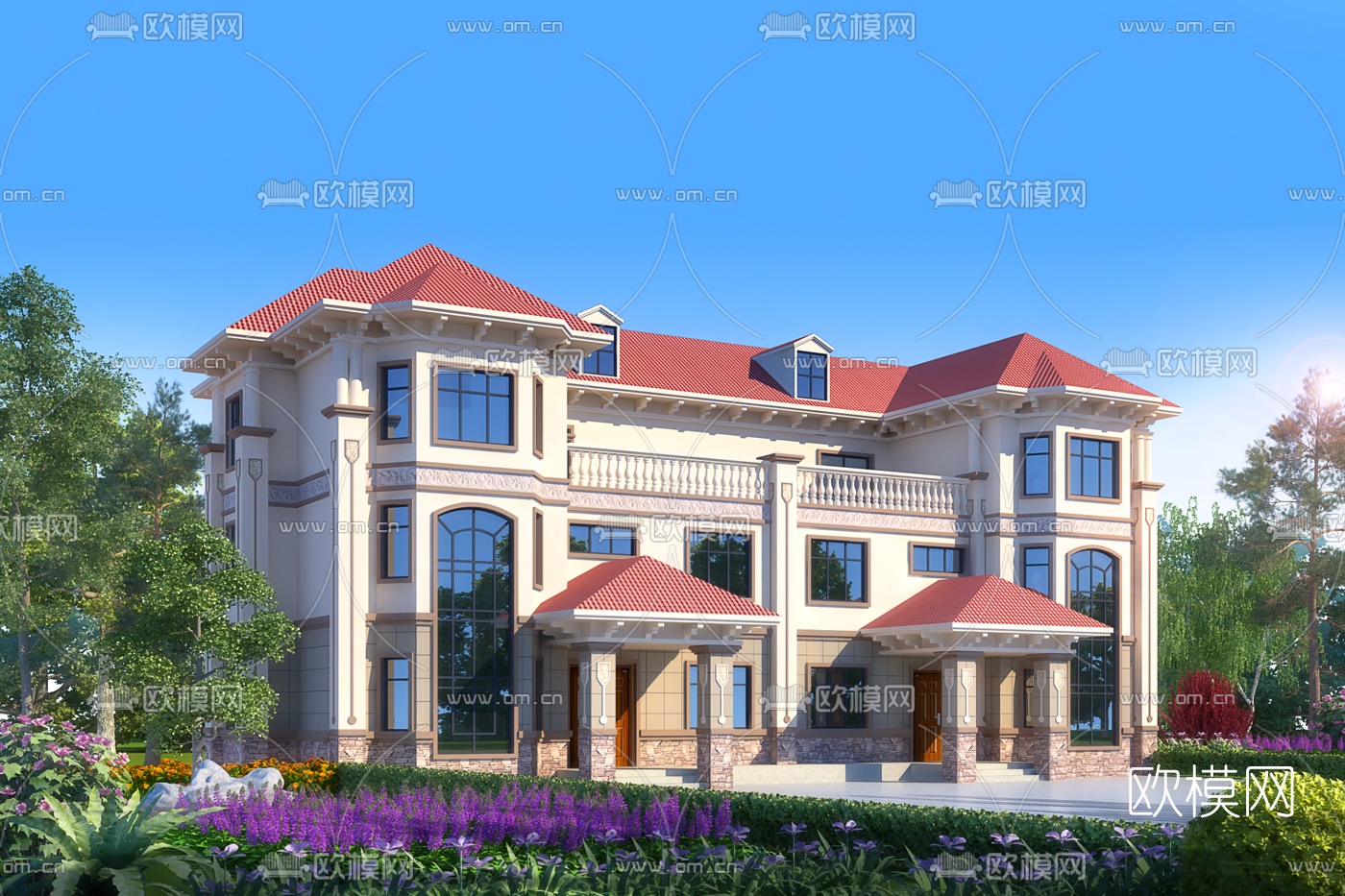 简欧联排别墅外观3d模型下载