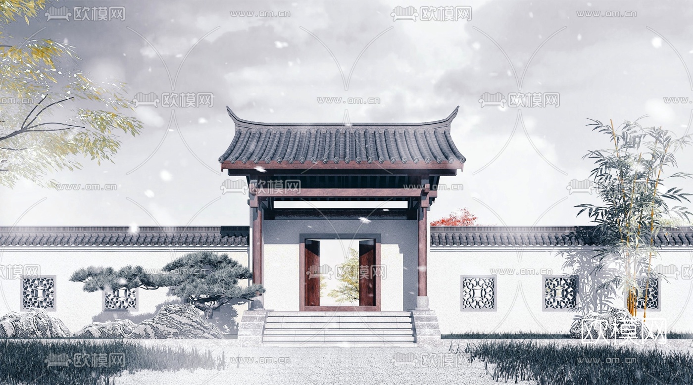中式古建庭院大门门头3d模型下载