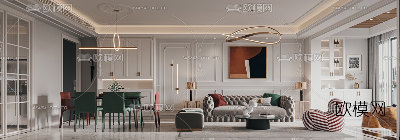 简欧轻奢客厅餐厅3d模型下载（渲染图1）