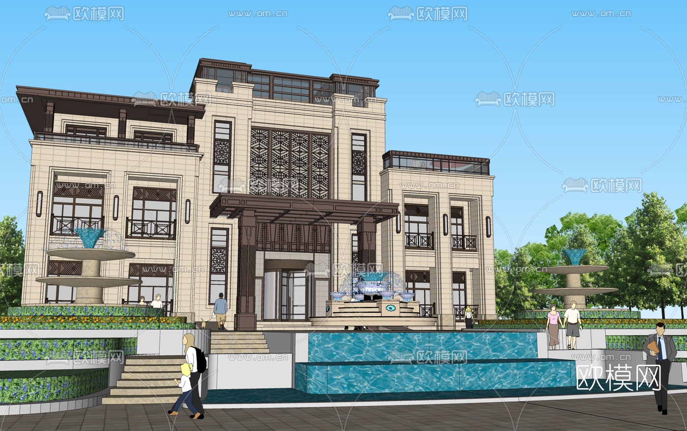 新中式别墅外观su模型下载（渲染图6）