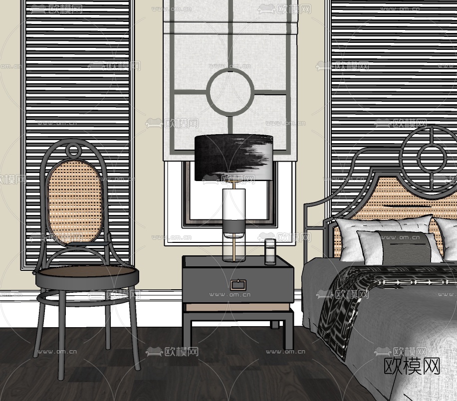 法式布艺双人床su模型下载（渲染图2）