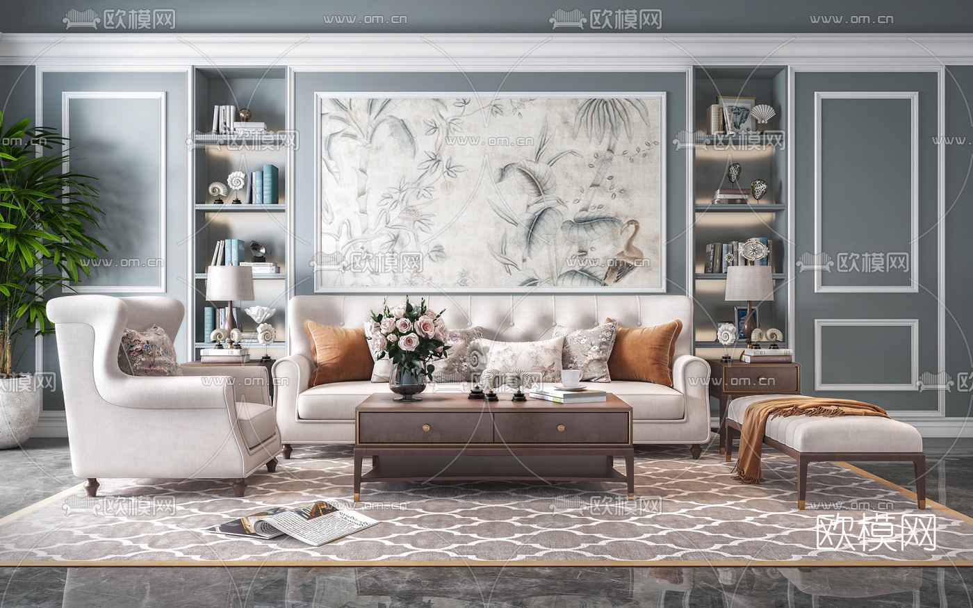 美式布艺沙发组合3d模型下载