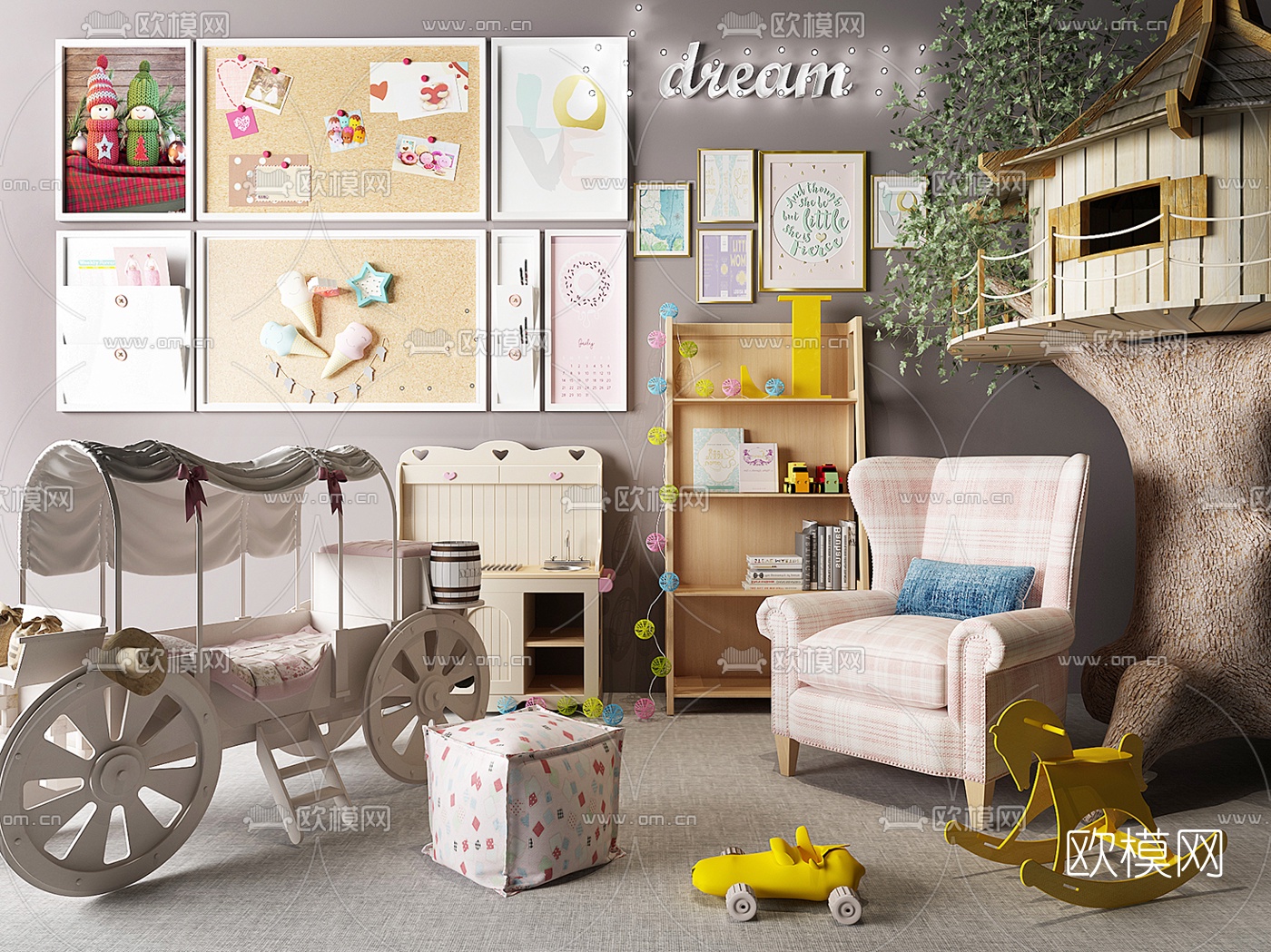 北欧儿童床书柜公仔3d模型下载