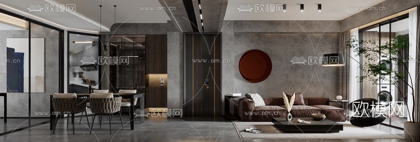 现代黑白灰客厅餐厅3d模型