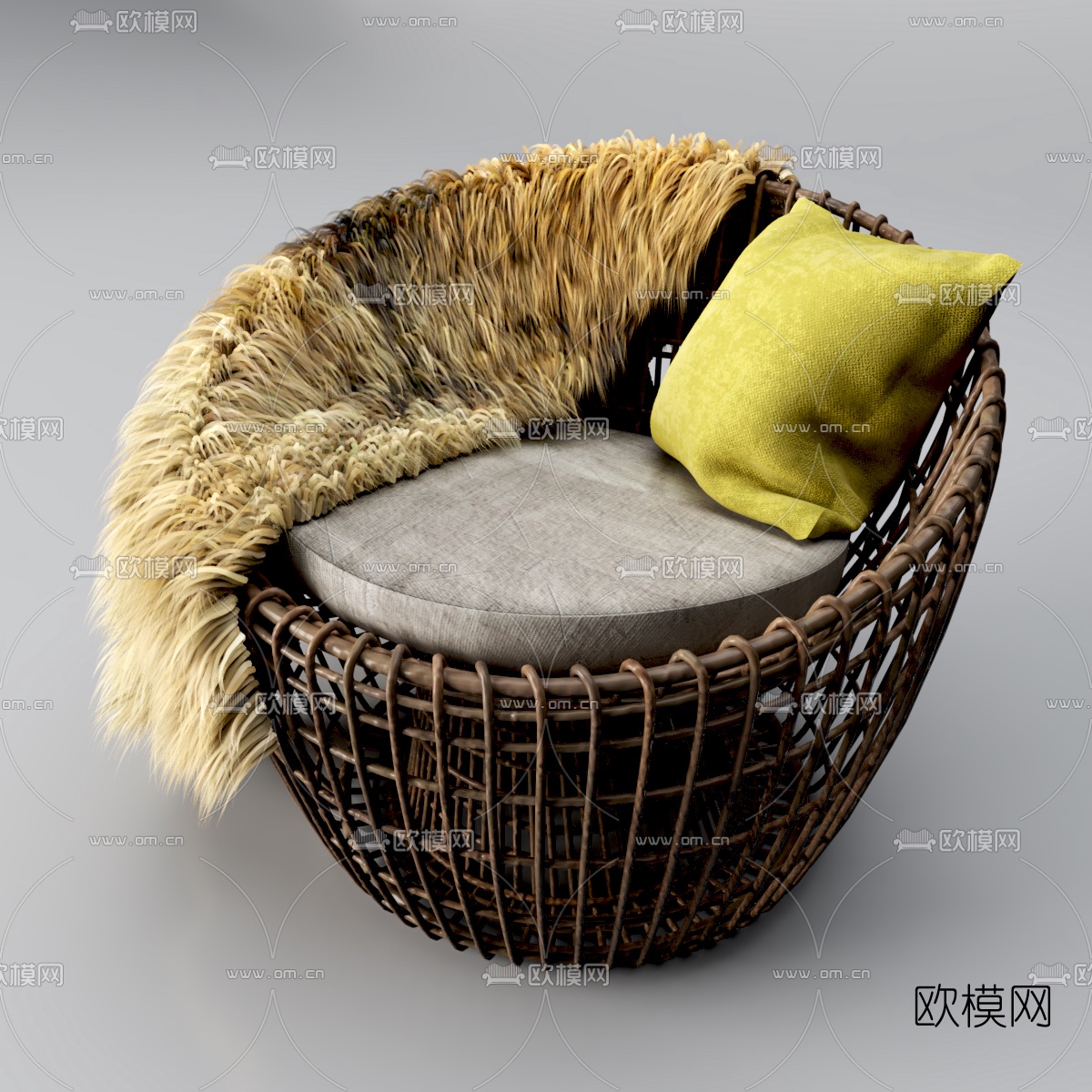 自然风藤编休闲沙发3d模型下载（渲染图1）