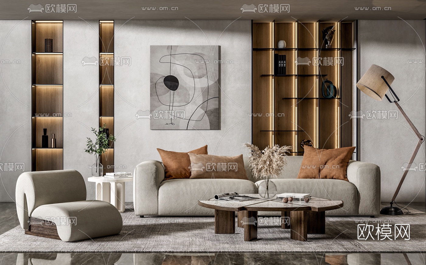 现代布艺沙发组合su模型