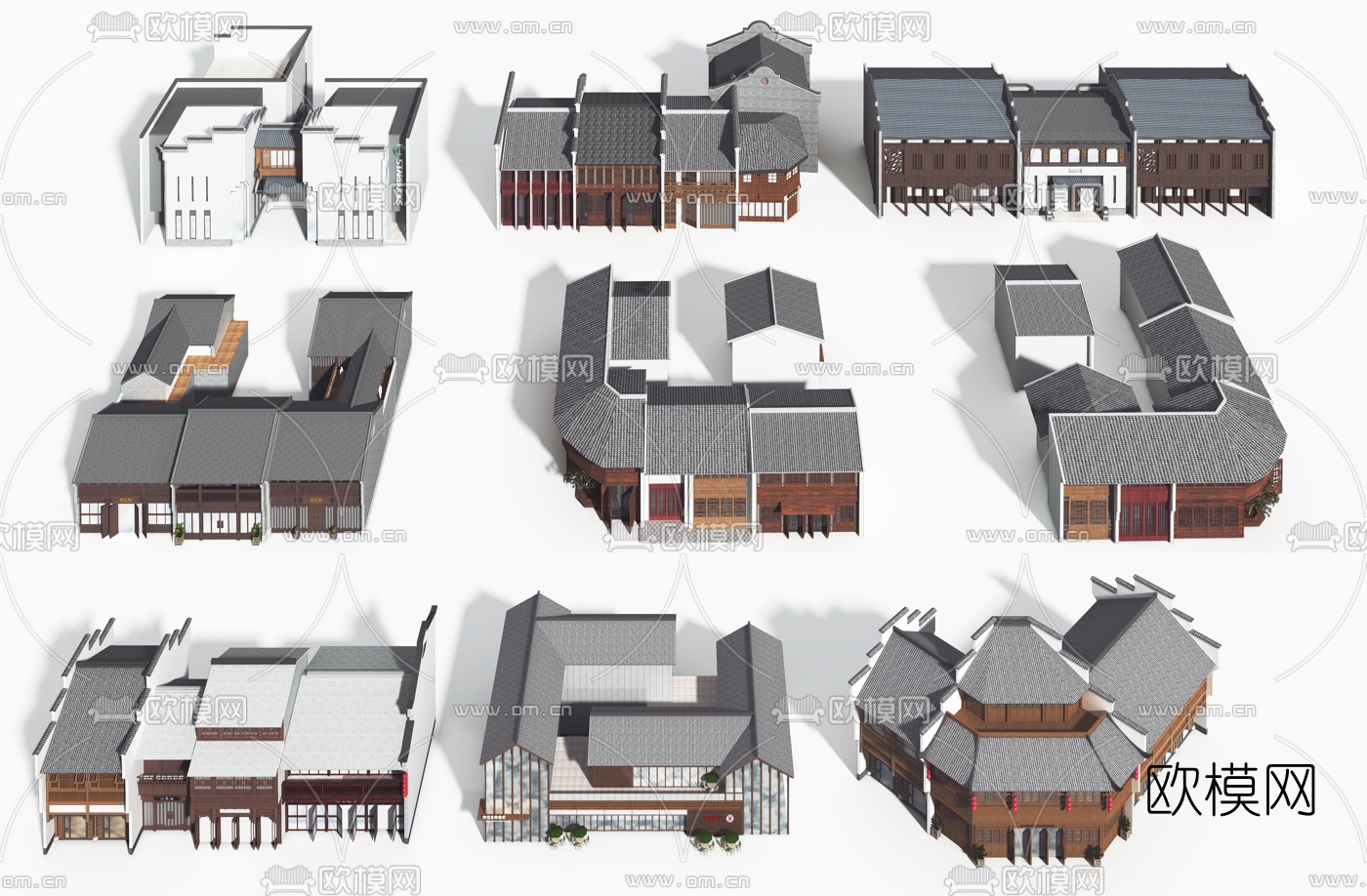 新中式商业街店铺建筑构件3d模型下载