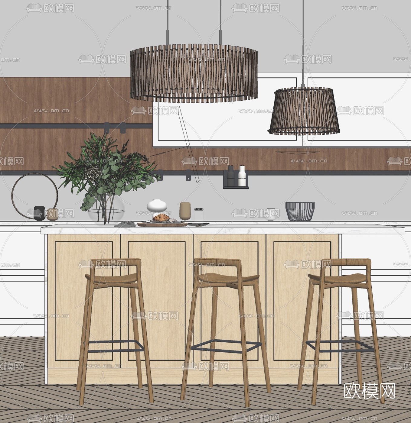 现代厨房吧台su模型下载（渲染图2）