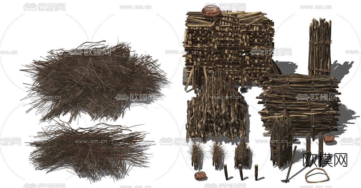 中式木头柴火堆茅草垛su模型下载（渲染图2）