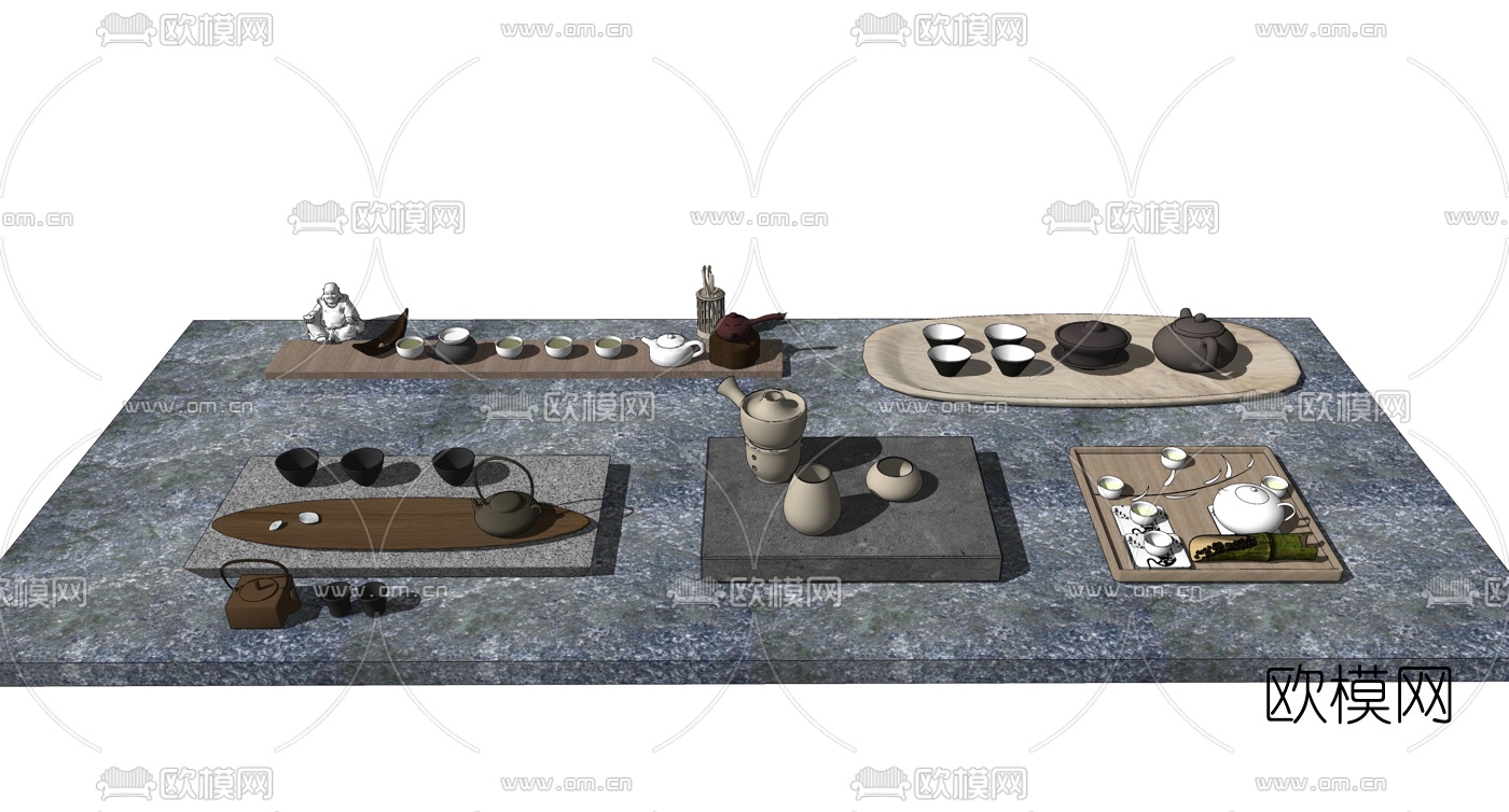 新中式茶盘茶具su模型下载