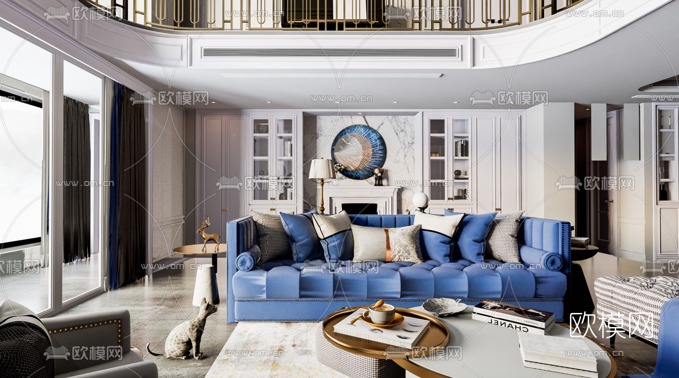 简欧跃层空间客餐厅su模型下载（渲染图3）