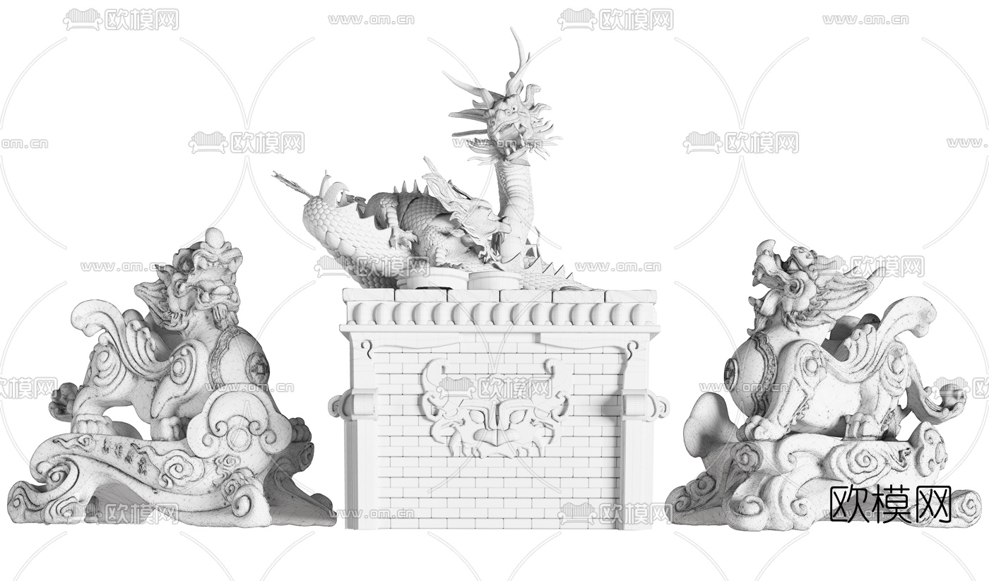 中式盘龙饕鬄神兽铜像雕塑3d模型下载（渲染图2）