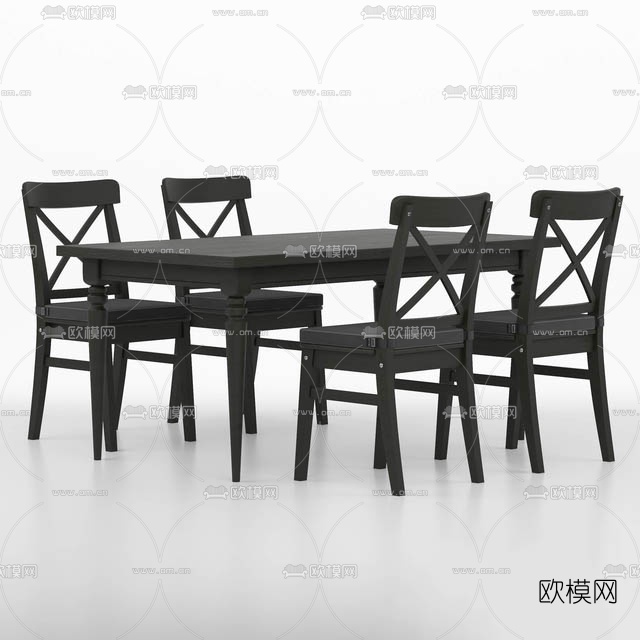 美式实木餐桌椅免费3d模型下载