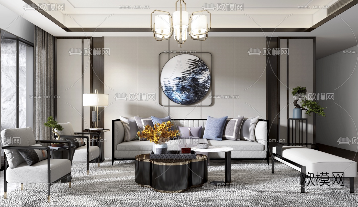 新中式布艺沙发组合3d模型下载