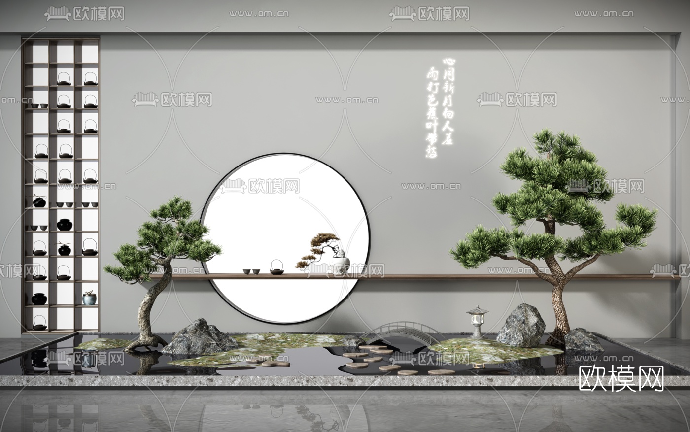 新中式松树假山小桥水景小品3d模型下载