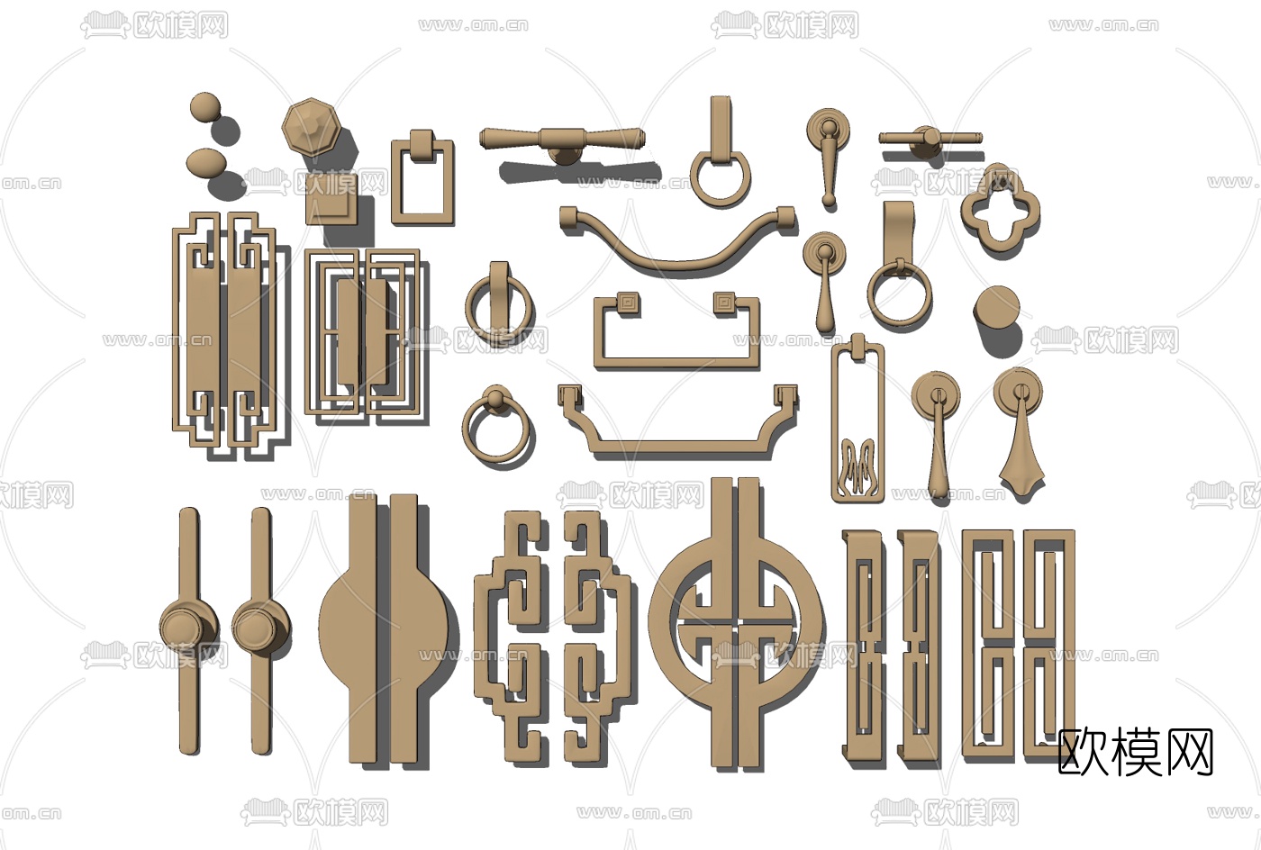 新中式铜制门把手门拉手su模型