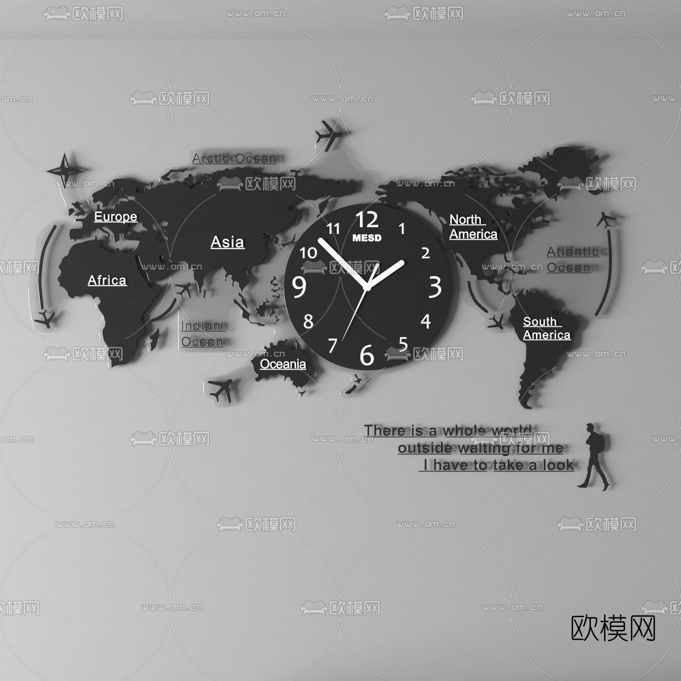 现代世界地图挂钟挂件3d模型下载（渲染图1）