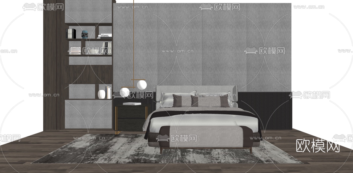 现代布艺双人床su模型下载