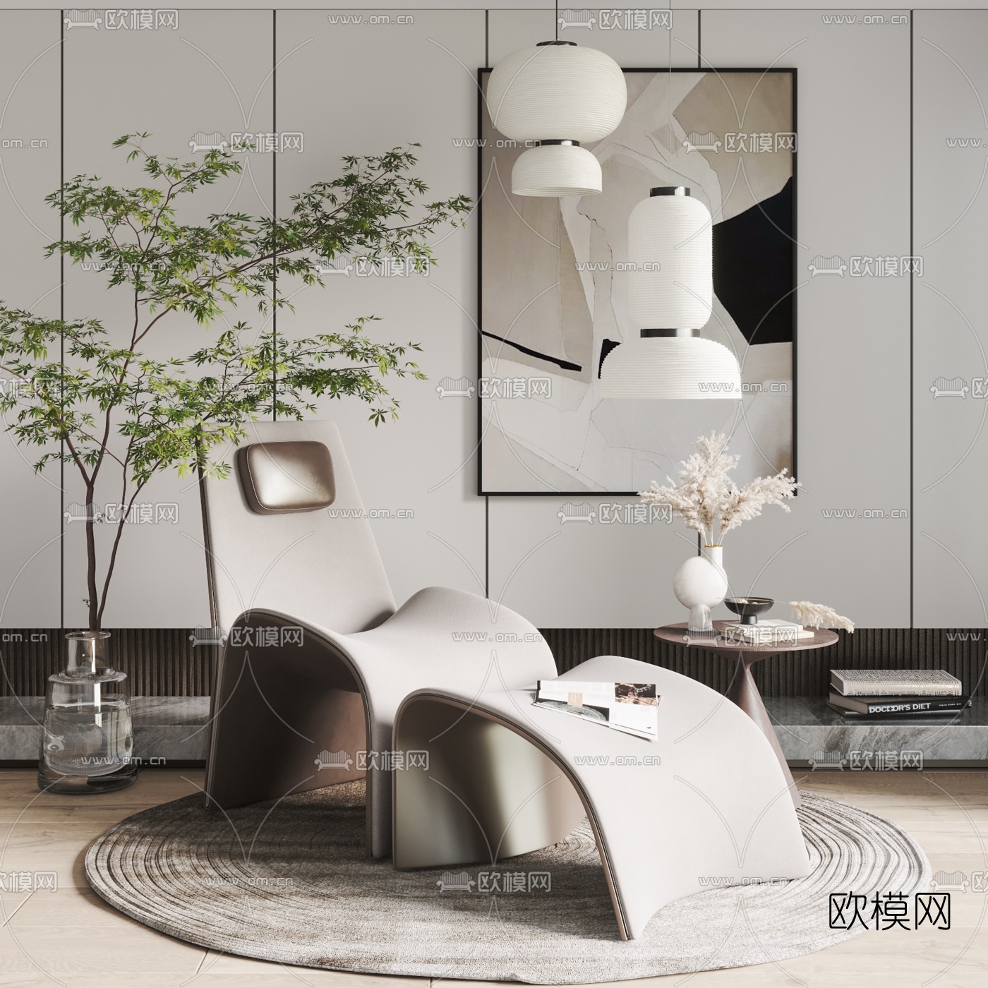 现代布艺休闲躺椅脚踏3d模型下载