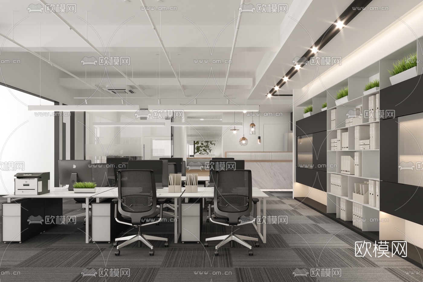 现代敞开式办公室3d模型下载（渲染图1）