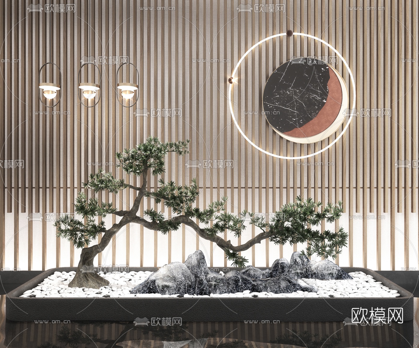 新中式松树假山景观小品3d模型下载（渲染图1）