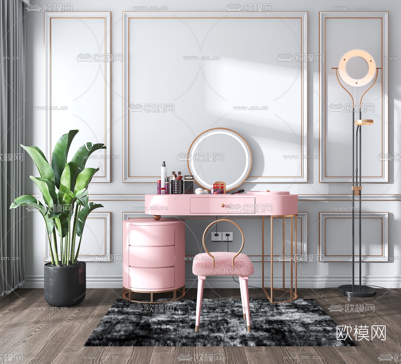 现代粉色梳妆台3d模型下载