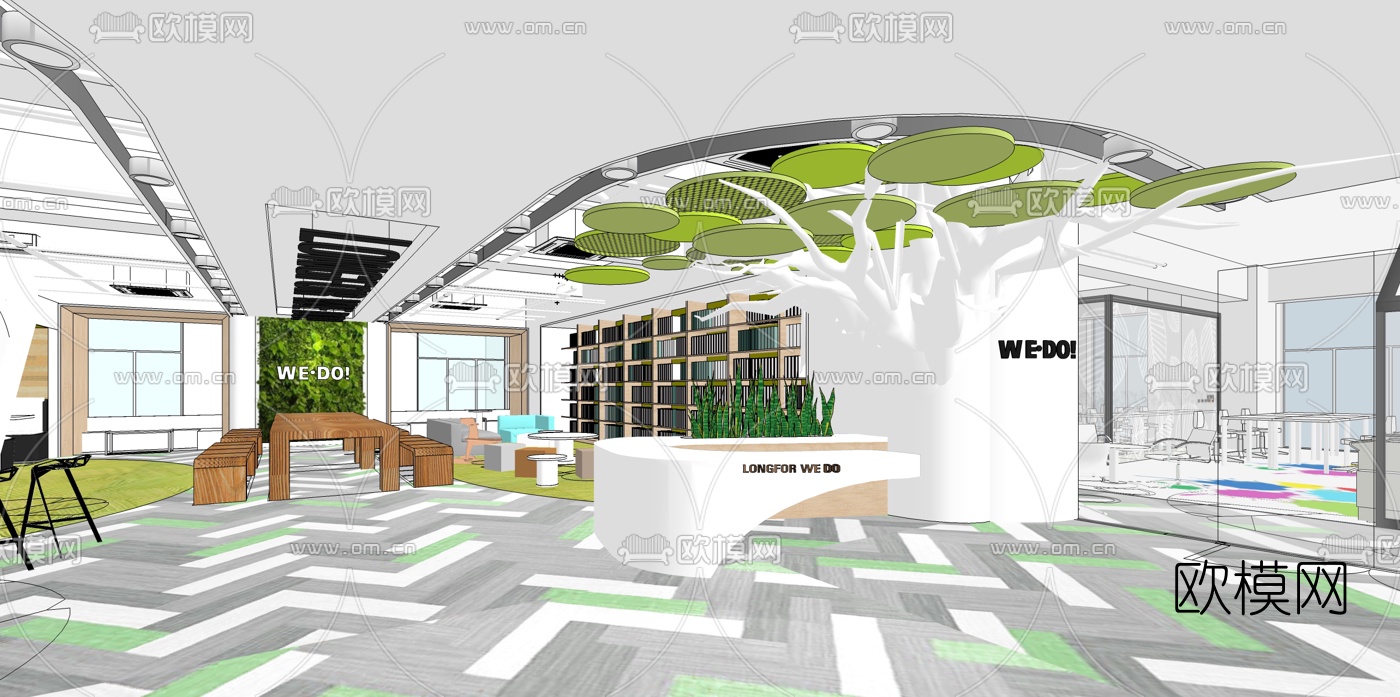 现代敞开式办公室su模型下载（渲染图2）