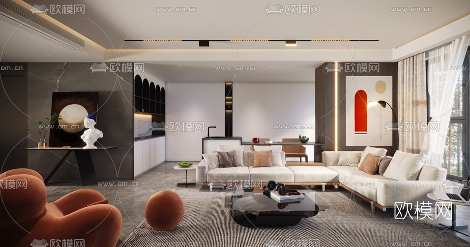 现代客厅餐厅3d模型下载(渲染图1)