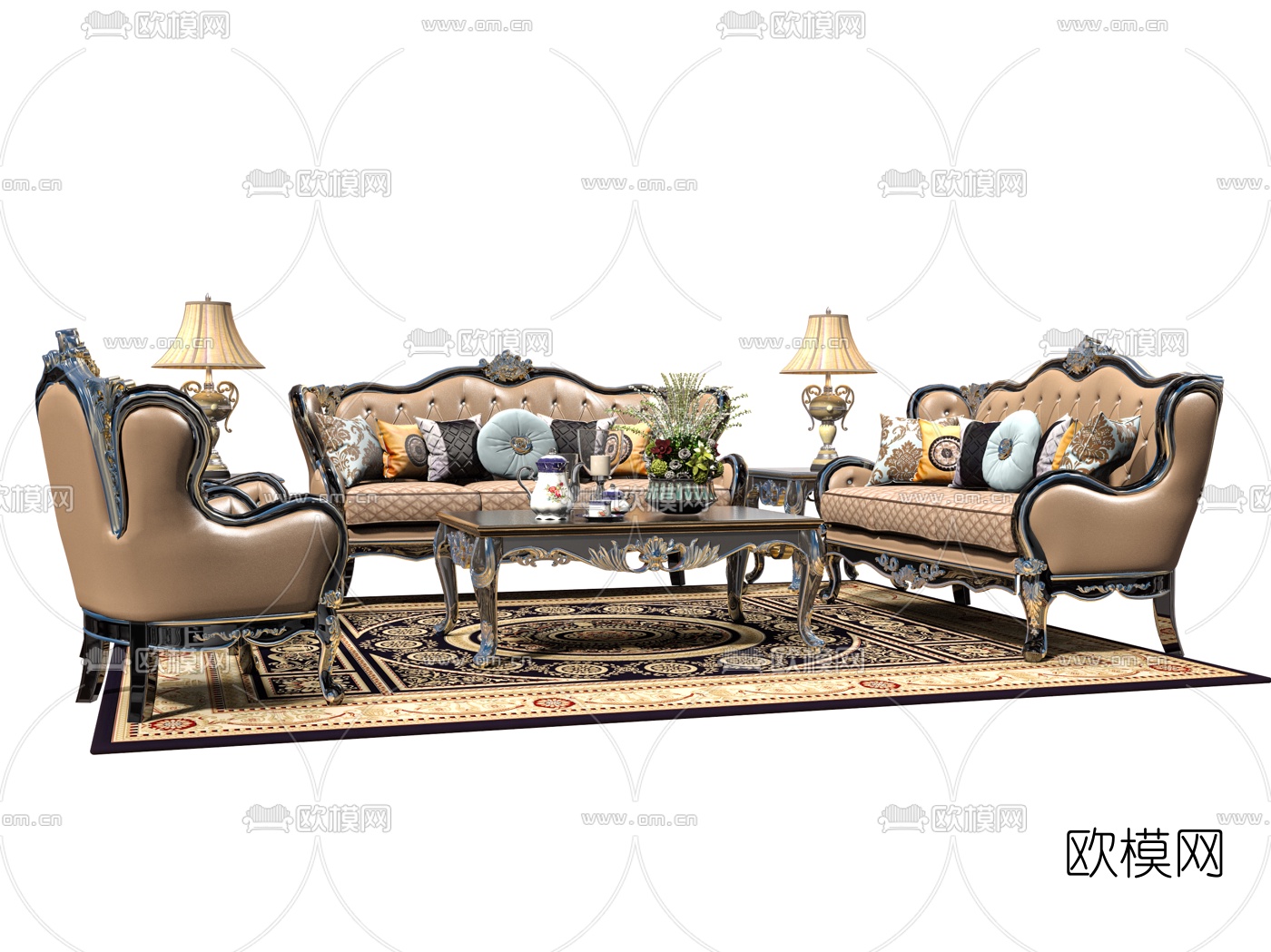 欧式古典皮革沙发组合3d模型下载（渲染图2）