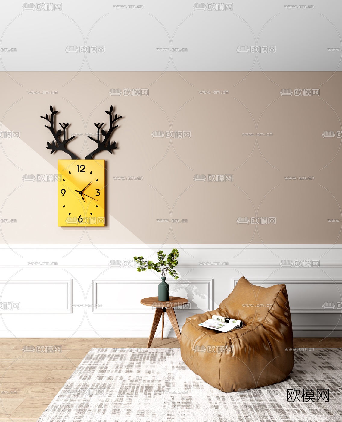 北欧懒人沙发角几钟表3d模型下载（渲染图1）