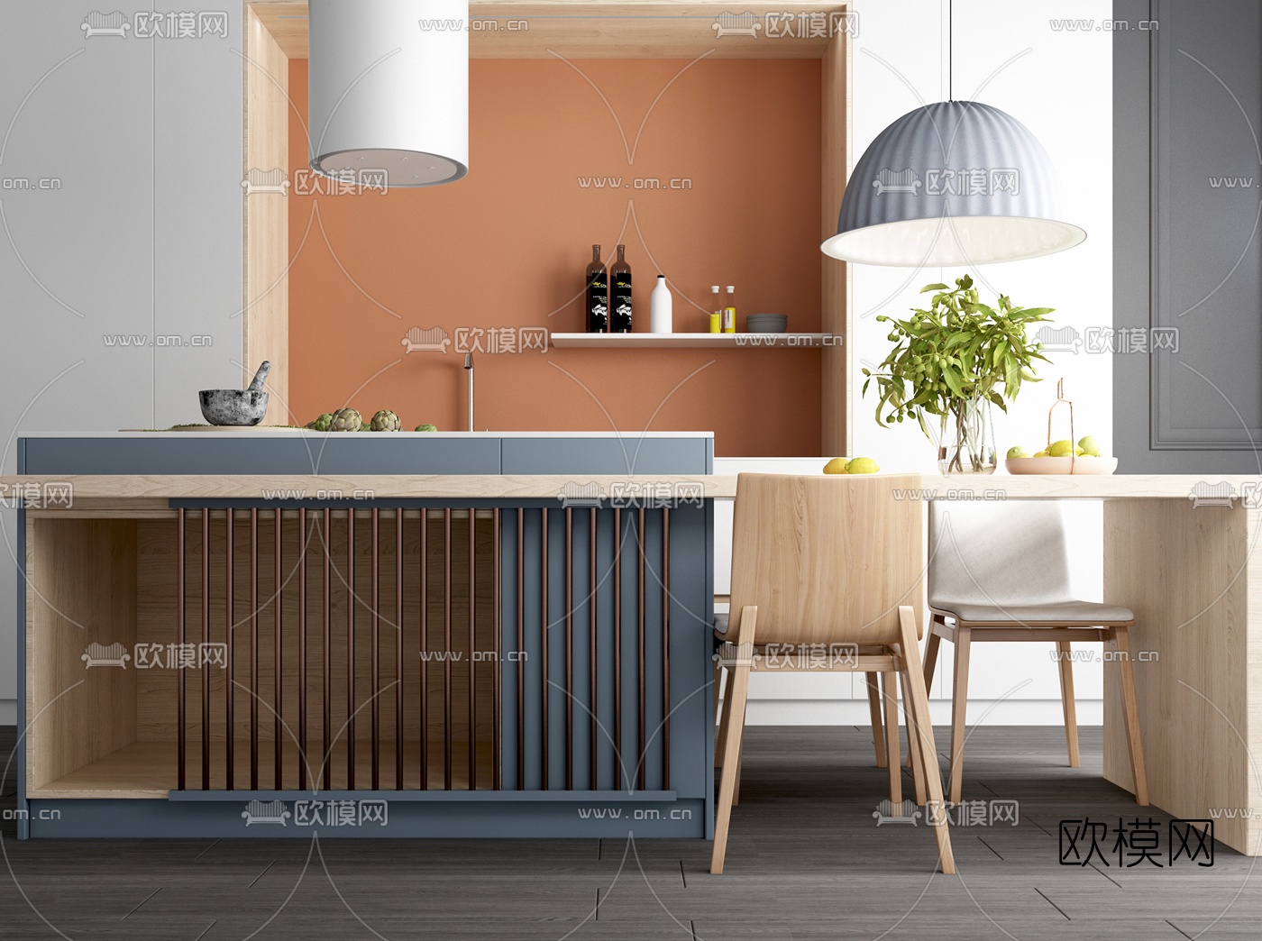 北欧中岛台餐桌椅3d模型下载