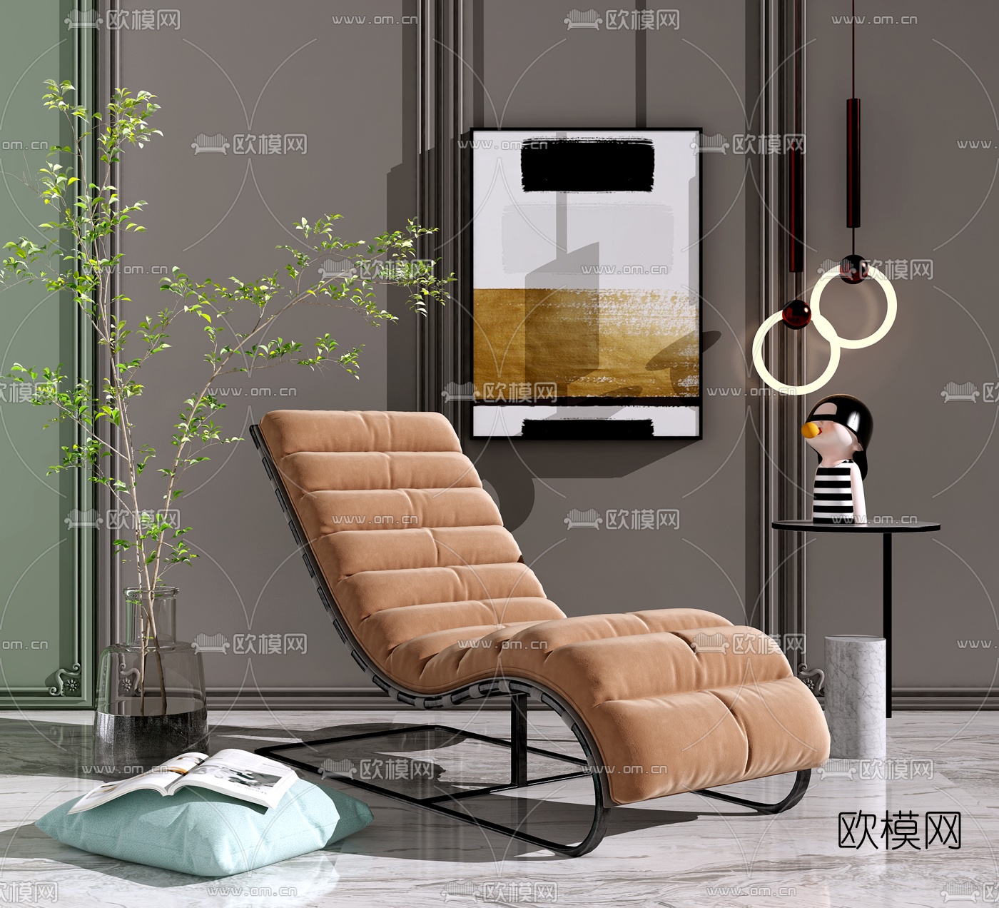 现代绒布休闲躺椅边几3d模型下载