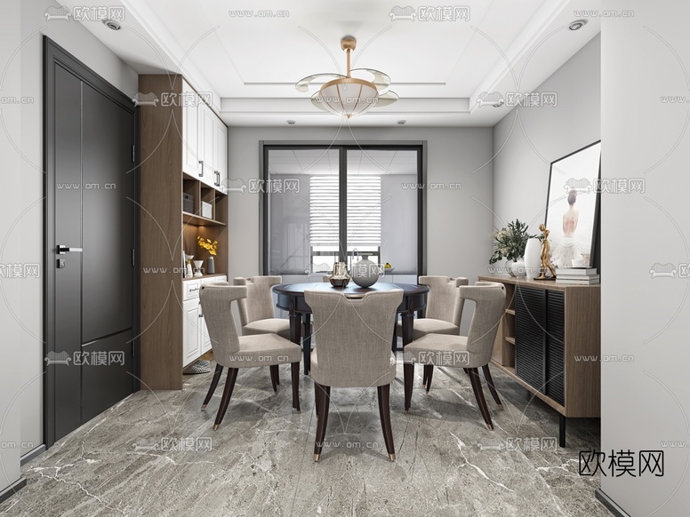 现代轻奢客厅餐厅3d模型下载(渲染图3)