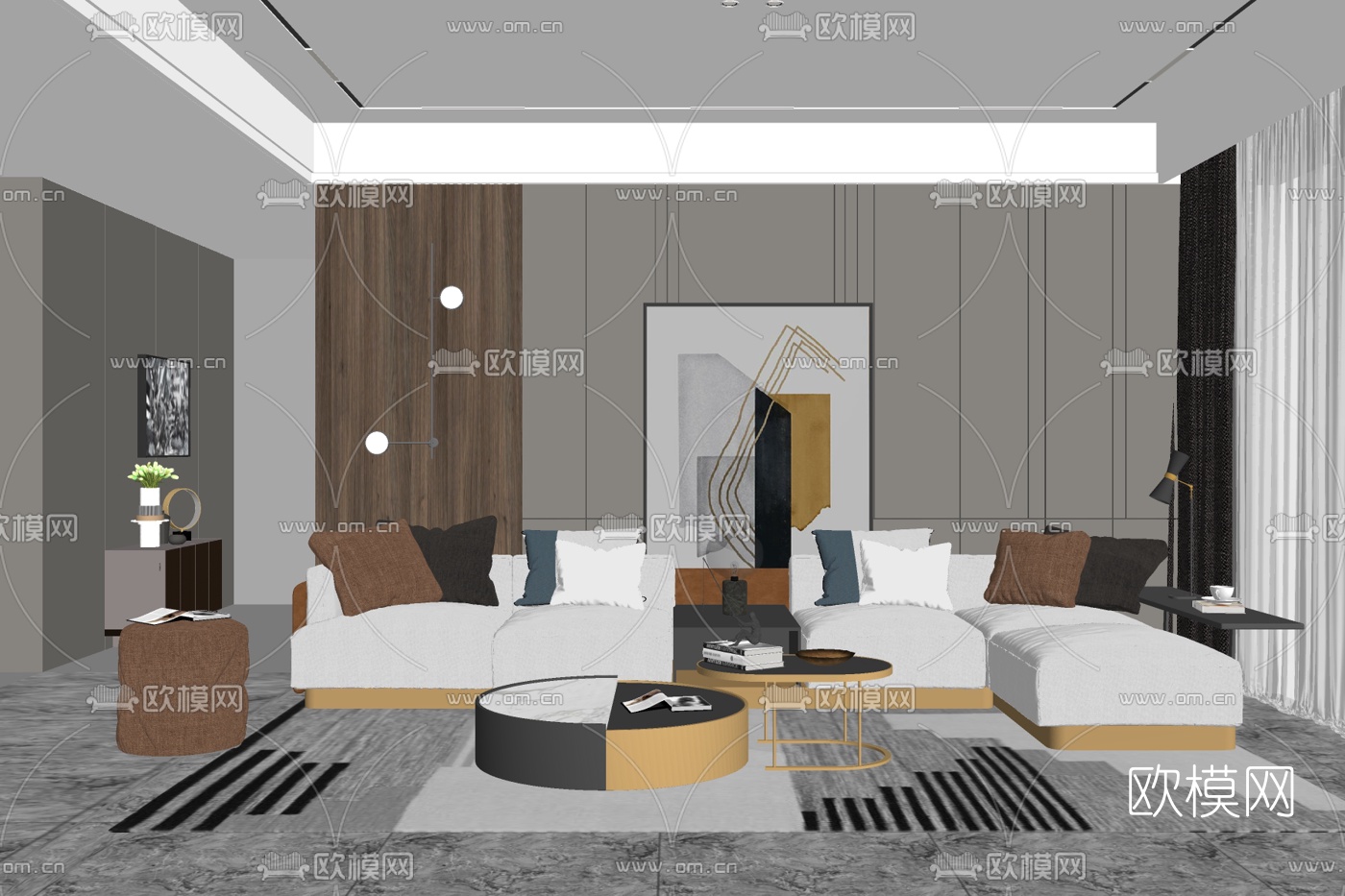 现代布艺组合沙发免费su模型下载