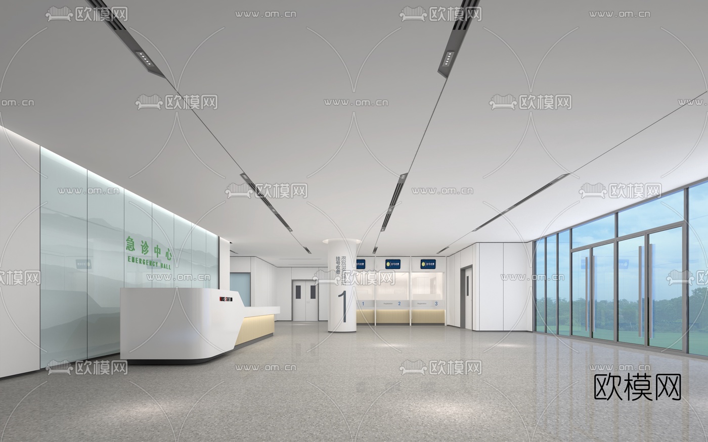 现代医院急诊大厅3d模型下载（渲染图1）