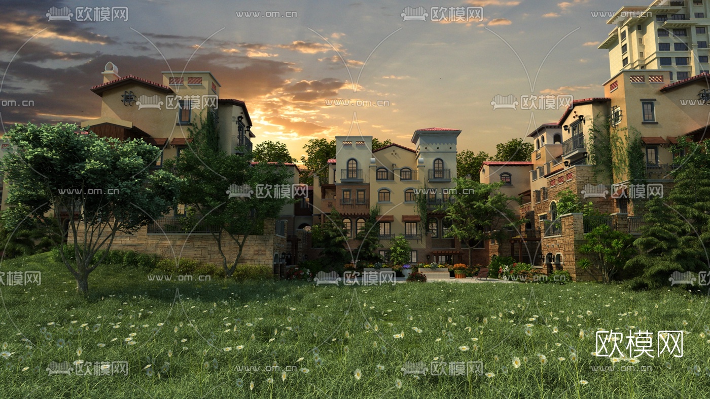 欧式别墅小区园林景观3d模型下载