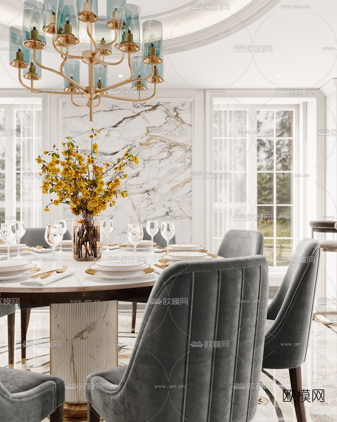 欧式别墅客厅餐厅3d模型下载（渲染图5）